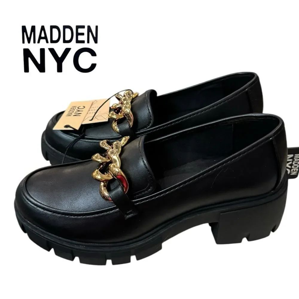NWT Madden NYC Women's Black Gold Chain Lug Sole Slip-on Loafers 7